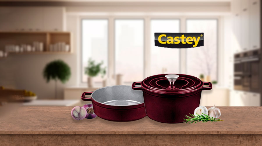 Olla de hierro fundido Castey con tapa y sartén, ideal para cocinar y fácil de limpiar