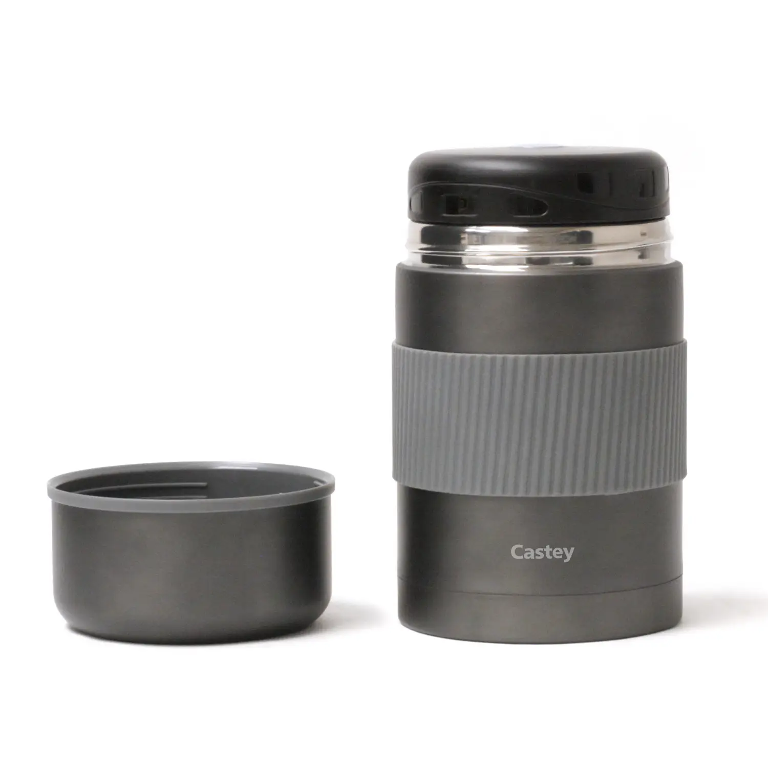 Termo para alimentos de acero inoxidable con cierre hermético y agarre de silicona, para comida caliente o fría.