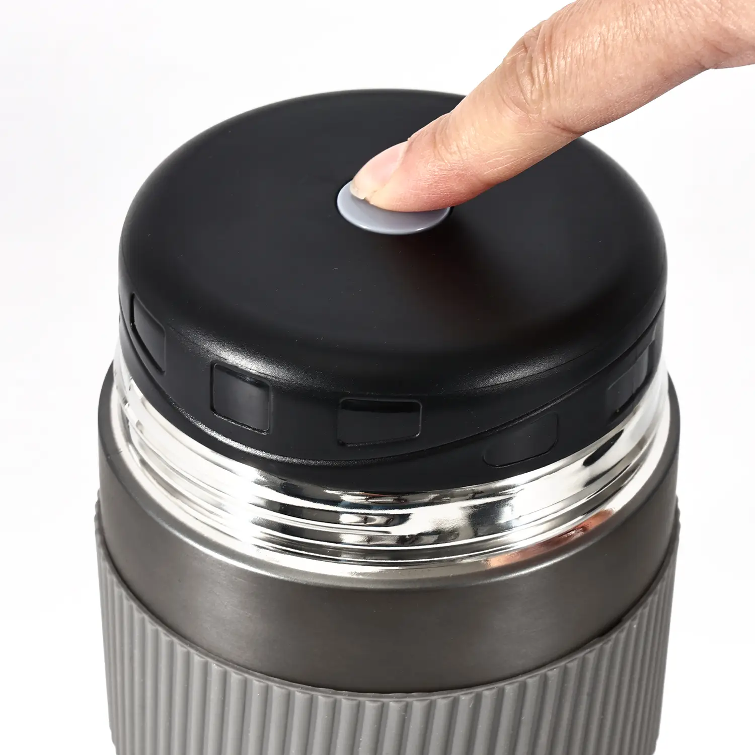 Termo para alimentos de acero inoxidable con cierre hermético y agarre de silicona, para comida caliente o fría.