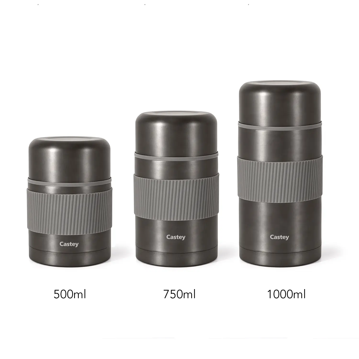 Termo para alimentos de acero inoxidable con cierre hermético y agarre de silicona, para comida caliente o fría.