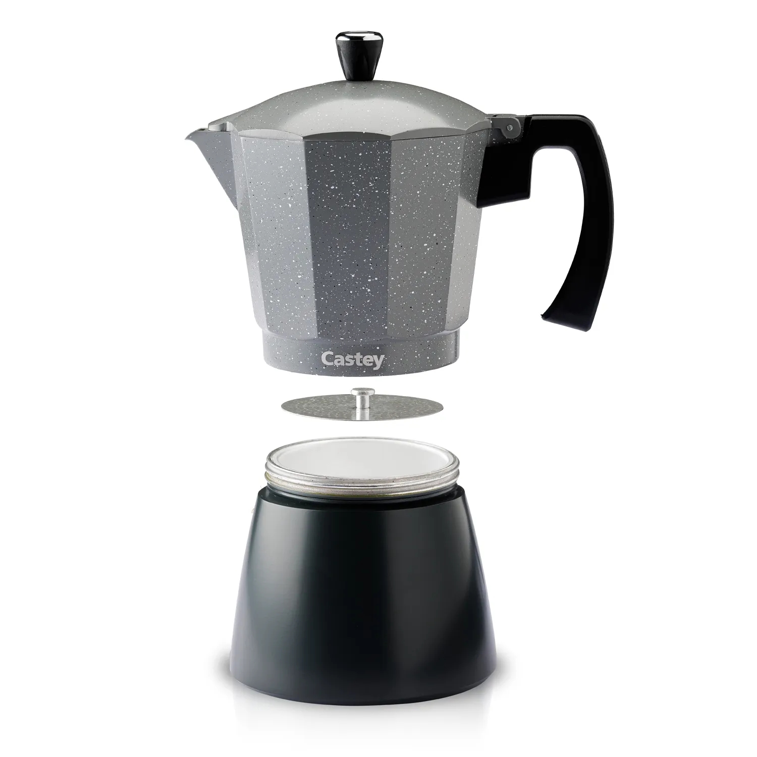 Cafetière italienne démontable avec réducteur de 6 à 3 tasses – Polyvalente et pratique Cafetera italiana desmontada con reductor de 6 a 3 tazas, ideal para ajustar la cantidad de café preparado.