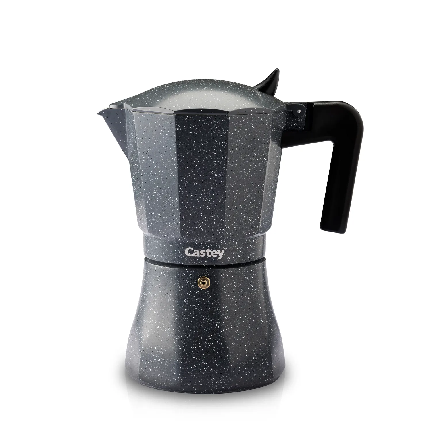 Cafetera italiana con mango ergonómico resistente al calor y tapa de aluminio duradera.