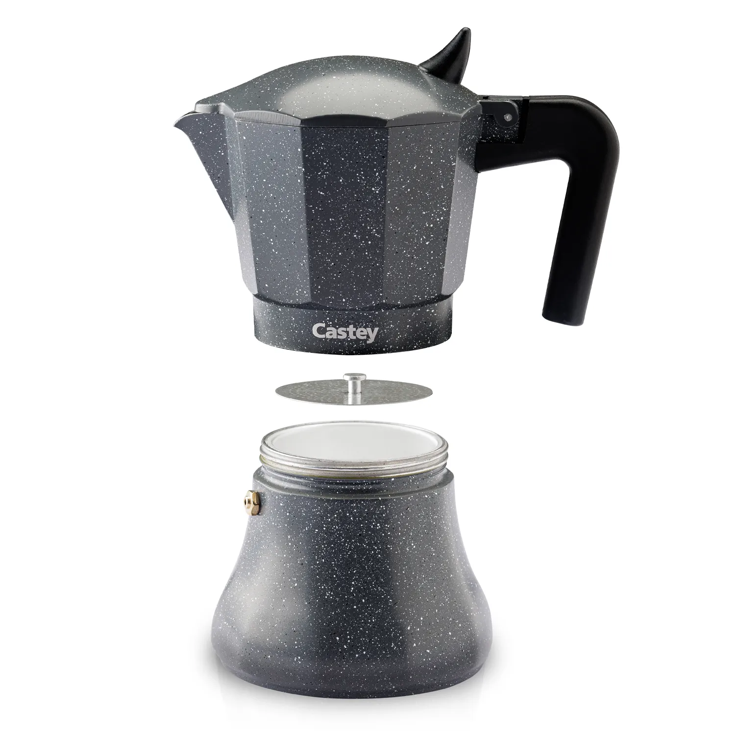 Cafetera italiana desmontada con filtro y depósito de agua en aluminio, apta para inducción