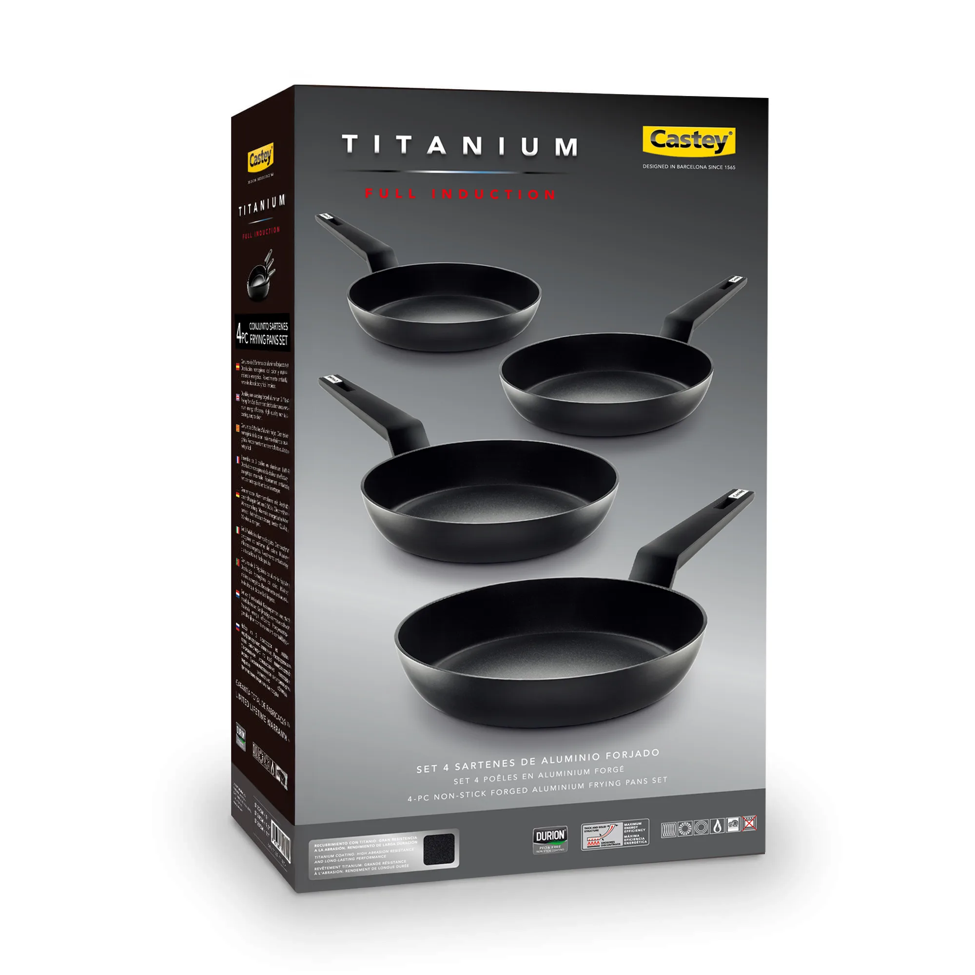 Set de 4 sartenes antiadherentes con recubrimiento sin PFOA y partículas de titanio, aptas para inducción y todo tipo de cocinas.